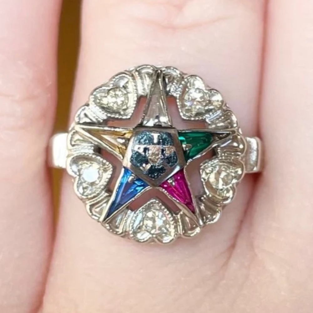 Vintage 10K White Gold Diamond Order of the Eastern Star Masonic Ring (Size 7.5)